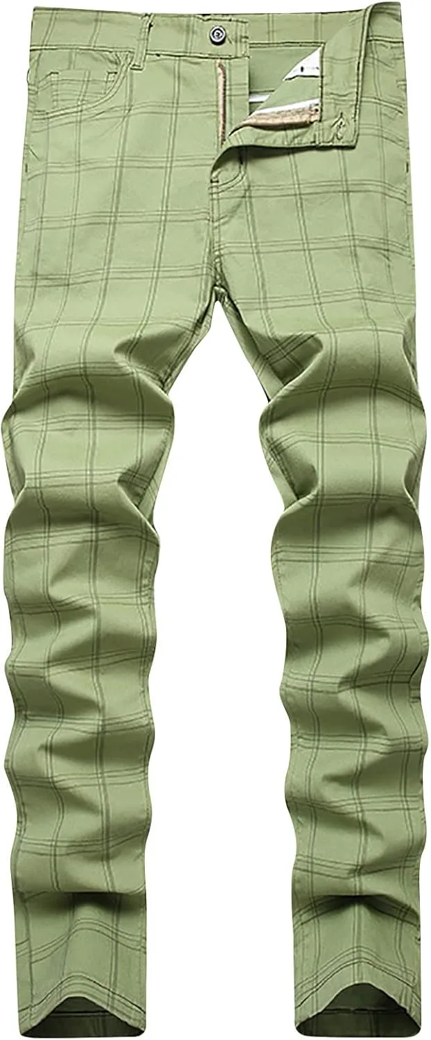 Mens Dress Pants Slim Fit Stretch Striped Plaid Denim Suit Pants Fashion Cotton Slacks Work Jean Straight Legs