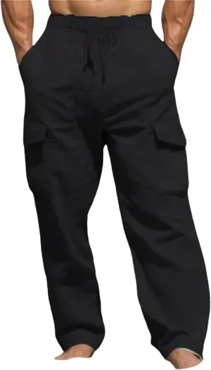 Men's Linen Cargo Pants Lightweight Elastic Waist Drawstring Loose Fit Beach Yoga Streetwear for Daily Wear