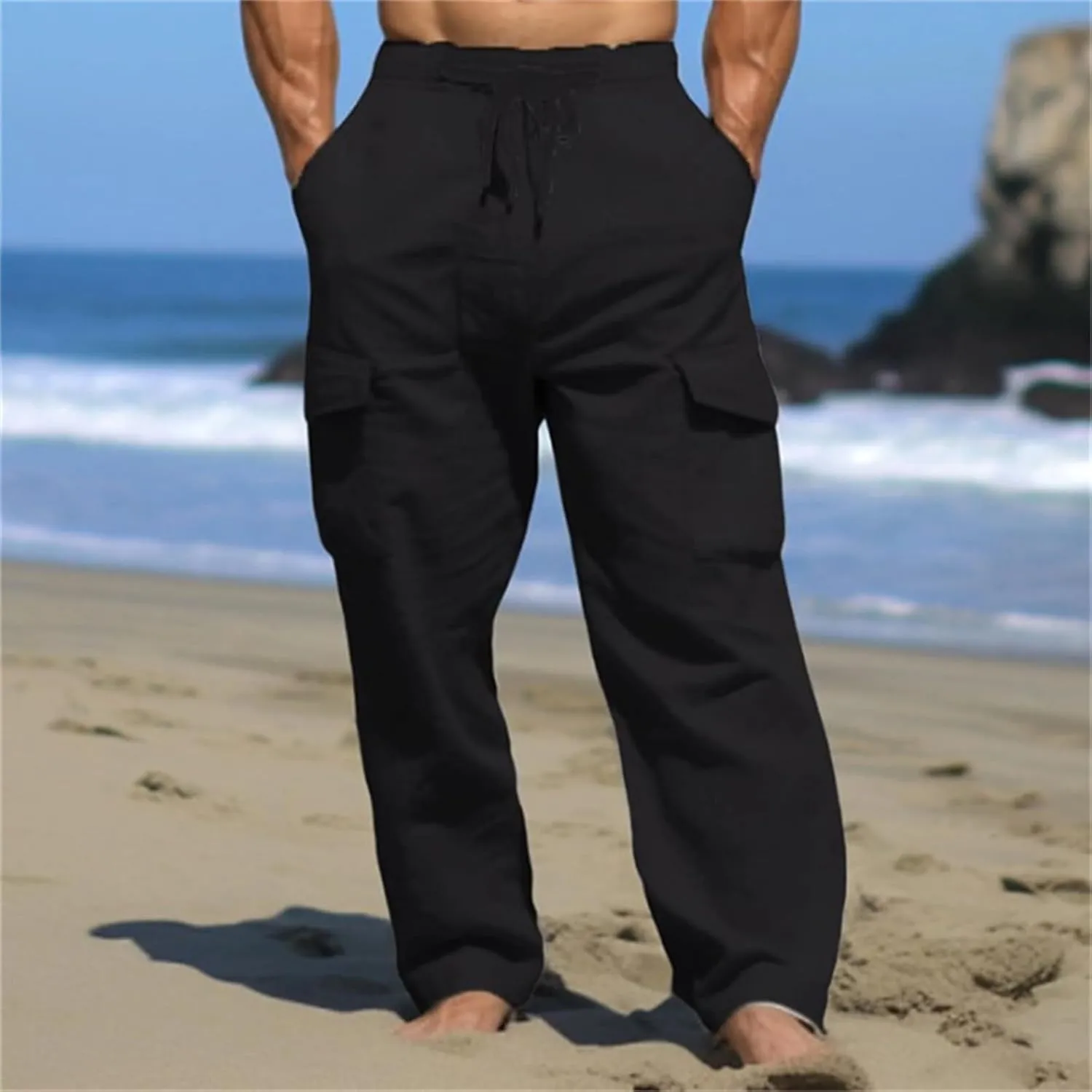 Men's Linen Cargo Pants Lightweight Elastic Waist Drawstring Loose Fit Beach Yoga Streetwear for Daily Wear