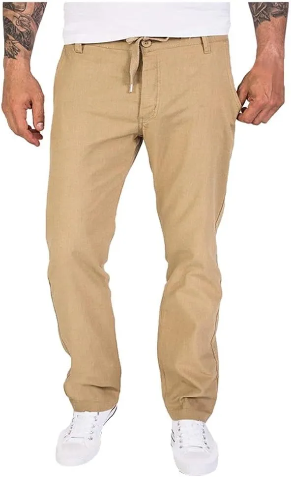 Men's Solid Color Linen Outdoor Pants Loose Casual Drawstring Long Leg Pants 2025