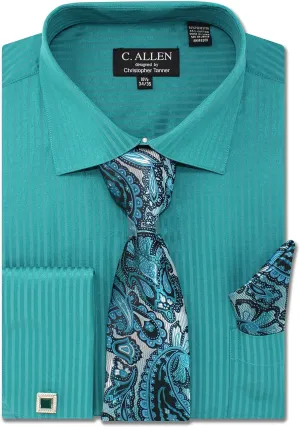 Men's Solid Striped Pattern Regular Fit French Cuffs Dress Shirts with Tie Hanky Cufflinks Combo