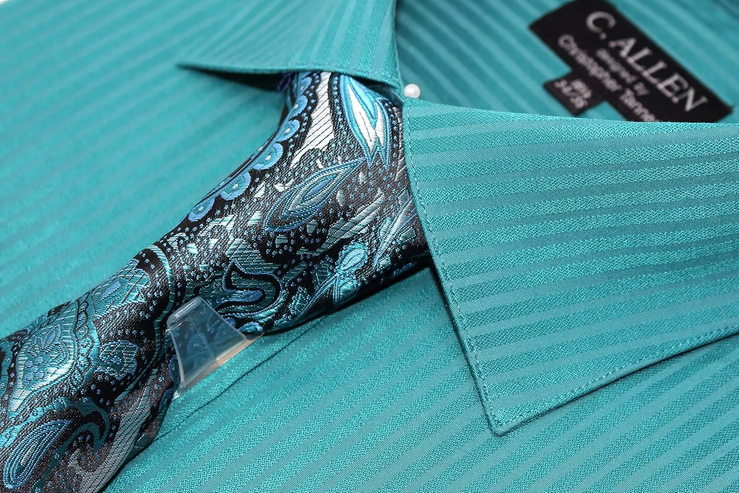 Men's Solid Striped Pattern Regular Fit French Cuffs Dress Shirts with Tie Hanky Cufflinks Combo