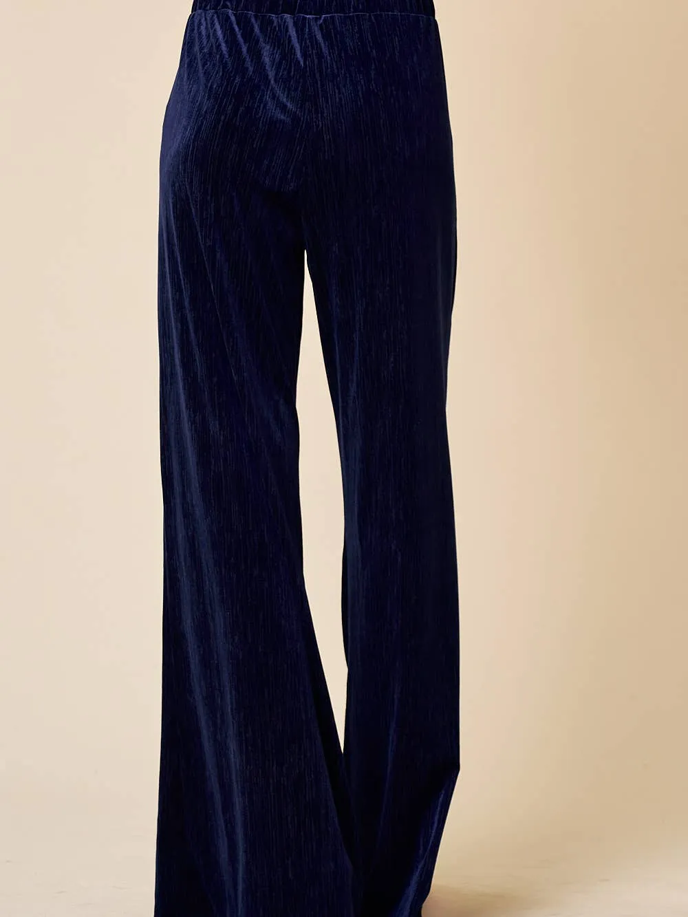 Navy Velvet Wide Leg Pants w/ Elastic Waist
