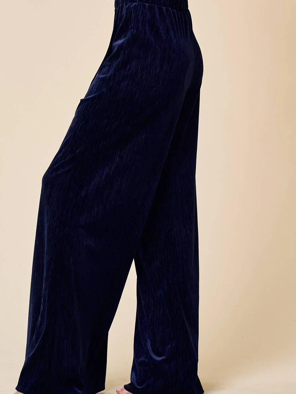 Navy Velvet Wide Leg Pants w/ Elastic Waist