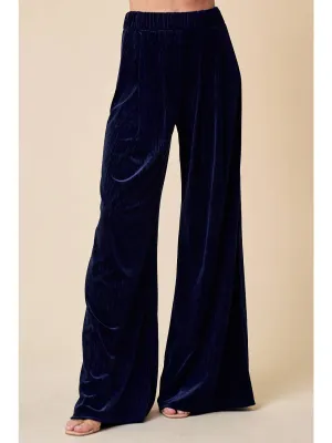 Navy Velvet Wide Leg Pants w/ Elastic Waist
