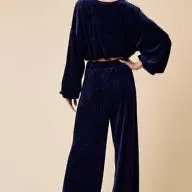 Navy Velvet Wide Leg Pants w/ Elastic Waist