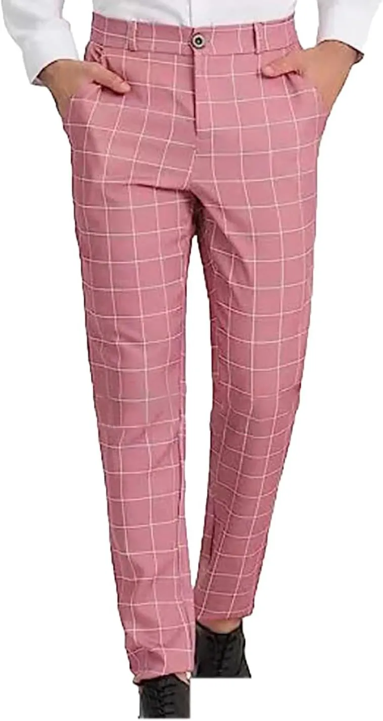 Plaid Pinstripe Suit Pants for Mens Slim Fit Dress Pants Chinos Stretch Flat-Front Skinny Business Pencil Long Pants