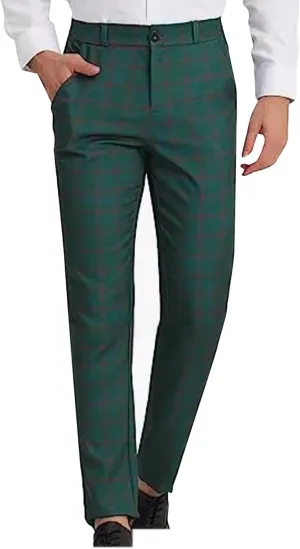 Plaid Pinstripe Suit Pants for Mens Slim Fit Dress Pants Chinos Stretch Flat-Front Skinny Business Pencil Long Pants