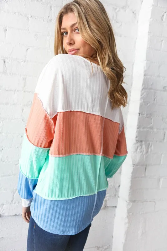 PLUS V NECK POINTELLE COLOR BLOCK KNIT TOP