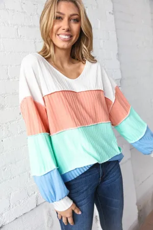 PLUS V NECK POINTELLE COLOR BLOCK KNIT TOP