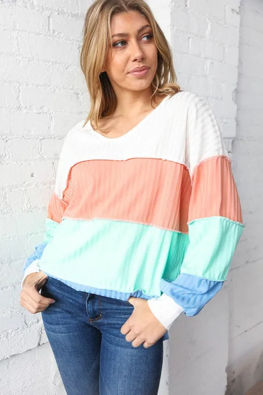 PLUS V NECK POINTELLE COLOR BLOCK KNIT TOP