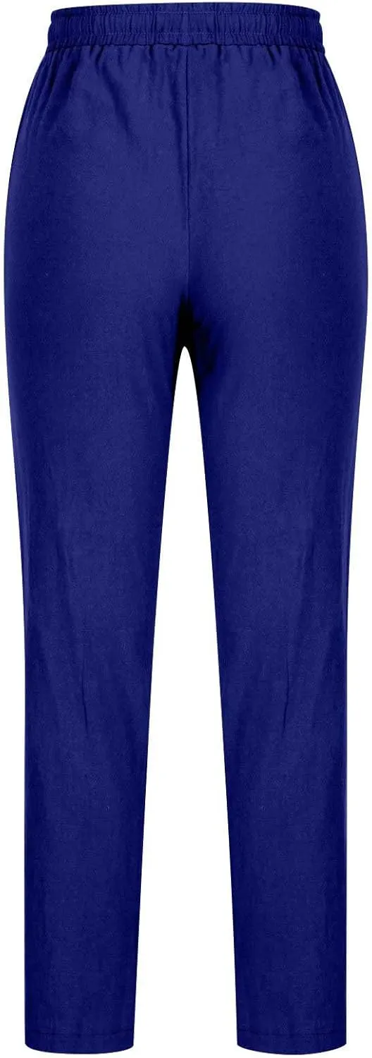 Qeaghou Linen Pants Women Summer Straight Leg Casual Pants Drawstring Elastic High Waist Loose Comfy Trousers with Pockets
