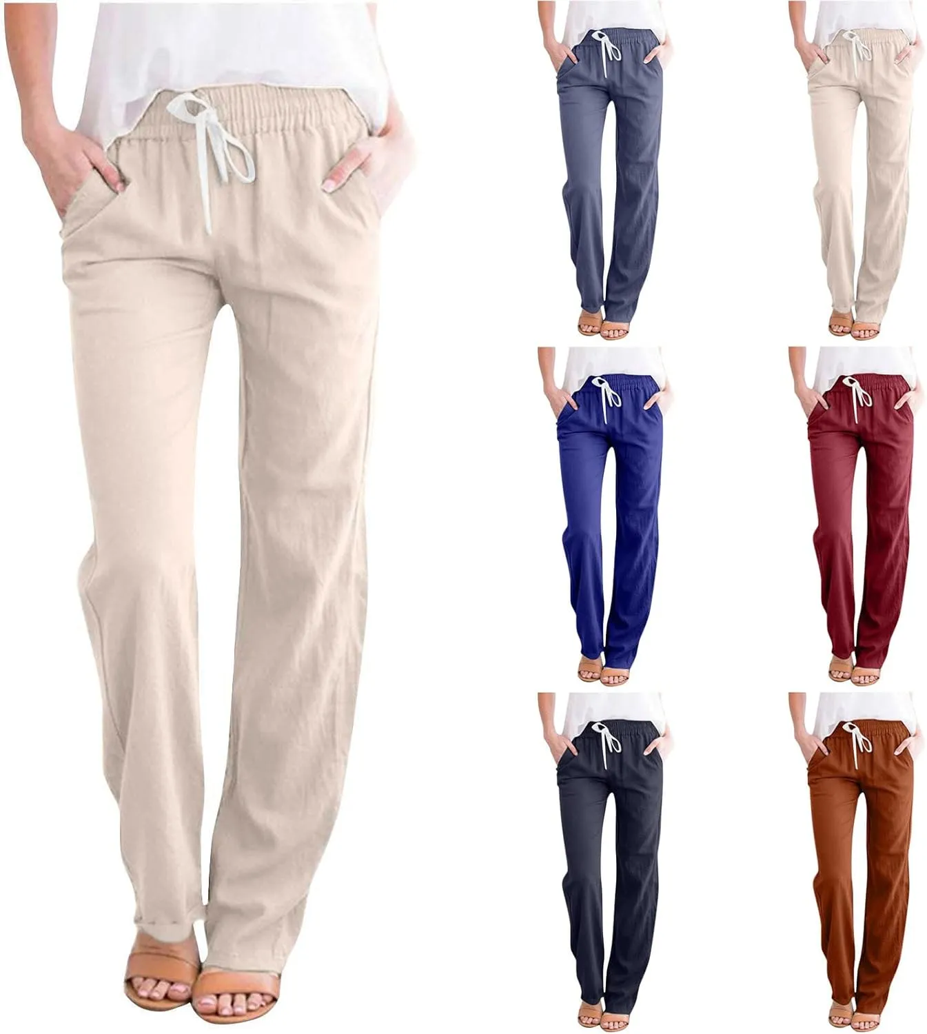 Qeaghou Linen Pants Women Summer Straight Leg Casual Pants Drawstring Elastic High Waist Loose Comfy Trousers with Pockets