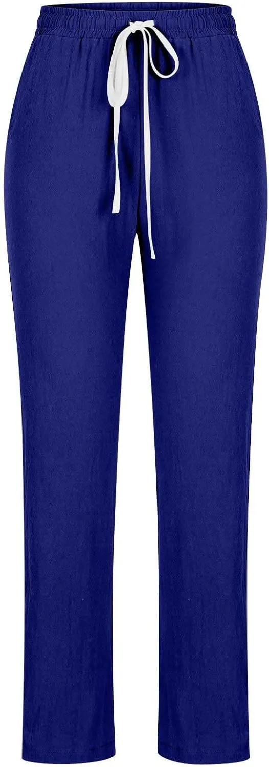 Qeaghou Linen Pants Women Summer Straight Leg Casual Pants Drawstring Elastic High Waist Loose Comfy Trousers with Pockets