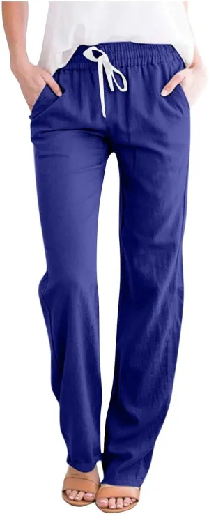 Qeaghou Linen Pants Women Summer Straight Leg Casual Pants Drawstring Elastic High Waist Loose Comfy Trousers with Pockets