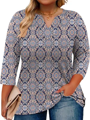 Romanstii Womens Plus Size Tops Casual 3/4 Sleeve V Neck T Shirt Loose Fit Tunic Blouse 1X-5X