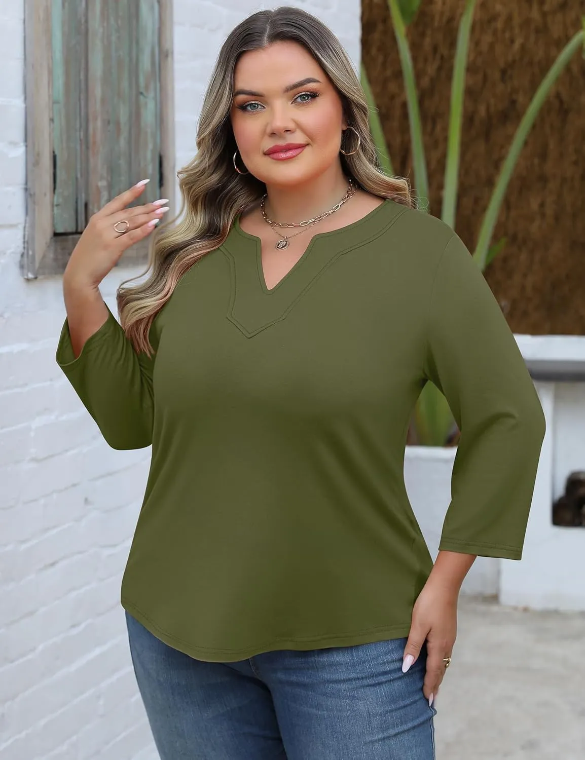 Romanstii Womens Plus Size Tops Casual 3/4 Sleeve V Neck T Shirt Loose Fit Tunic Blouse 1X-5X