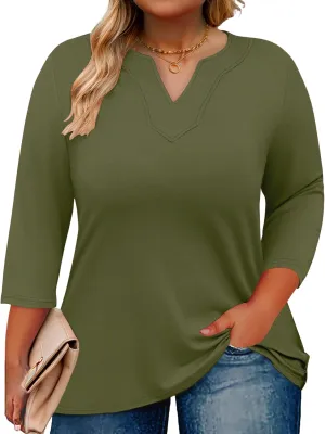 Romanstii Womens Plus Size Tops Casual 3/4 Sleeve V Neck T Shirt Loose Fit Tunic Blouse 1X-5X
