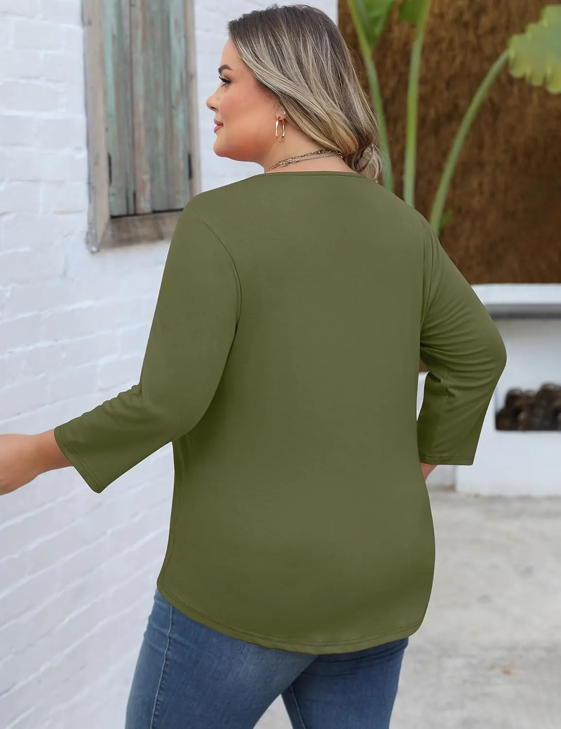Romanstii Womens Plus Size Tops Casual 3/4 Sleeve V Neck T Shirt Loose Fit Tunic Blouse 1X-5X