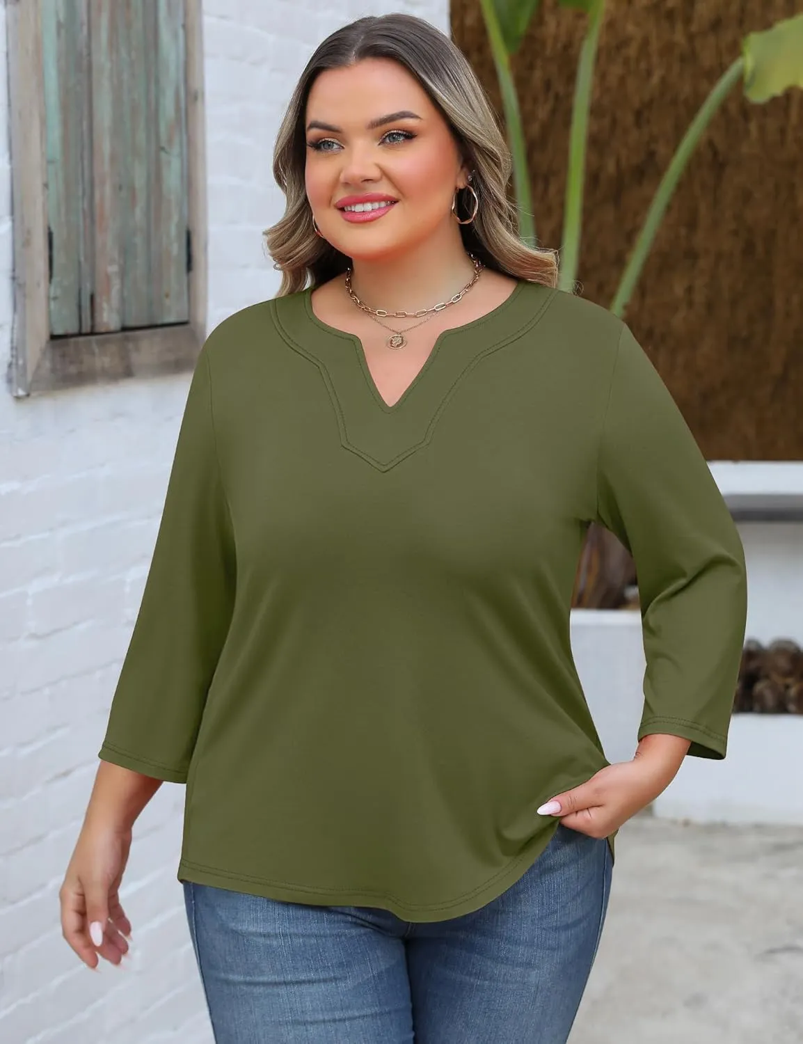 Romanstii Womens Plus Size Tops Casual 3/4 Sleeve V Neck T Shirt Loose Fit Tunic Blouse 1X-5X