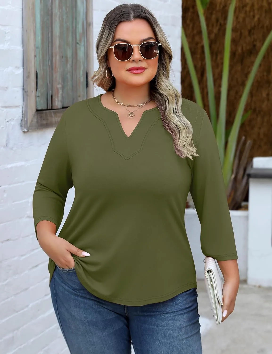 Romanstii Womens Plus Size Tops Casual 3/4 Sleeve V Neck T Shirt Loose Fit Tunic Blouse 1X-5X