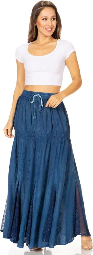 Sakkas Olivia Womens Maxi Bohemian Gypsy Long Skirt with Elastic Waist and Lace