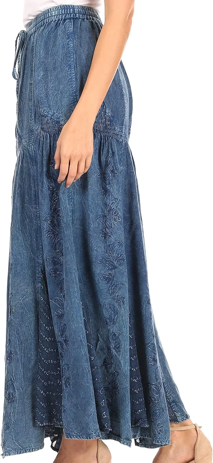 Sakkas Olivia Womens Maxi Bohemian Gypsy Long Skirt with Elastic Waist and Lace
