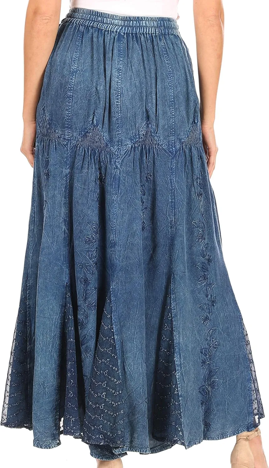 Sakkas Olivia Womens Maxi Bohemian Gypsy Long Skirt with Elastic Waist and Lace