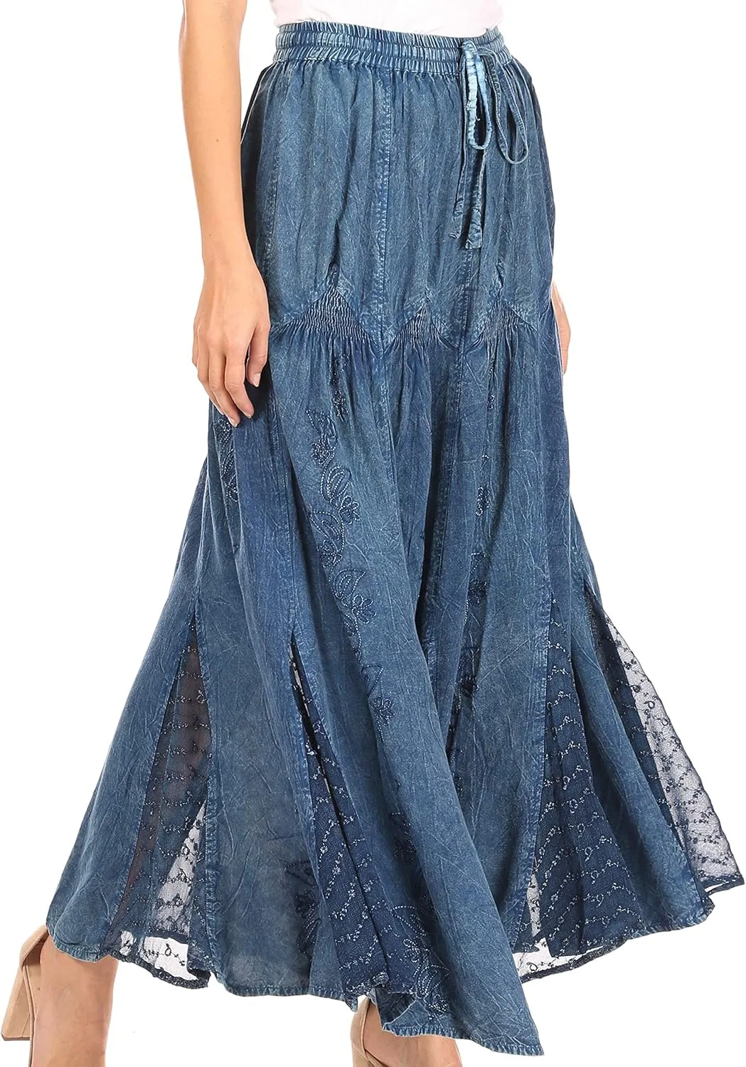 Sakkas Olivia Womens Maxi Bohemian Gypsy Long Skirt with Elastic Waist and Lace
