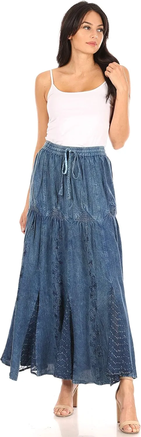 Sakkas Olivia Womens Maxi Bohemian Gypsy Long Skirt with Elastic Waist and Lace