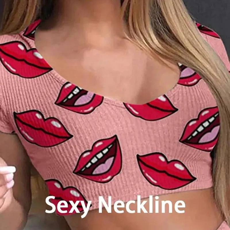 Sexy Casual Lips Print Top  Short Set