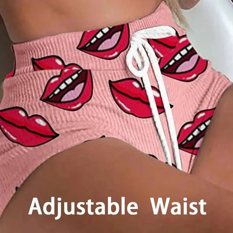 Sexy Casual Lips Print Top  Short Set