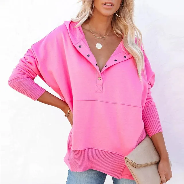 Solid V-Neck Hooded Doll Sleeve Hoodie V-neck Batwing Sleeve Sweatshirt