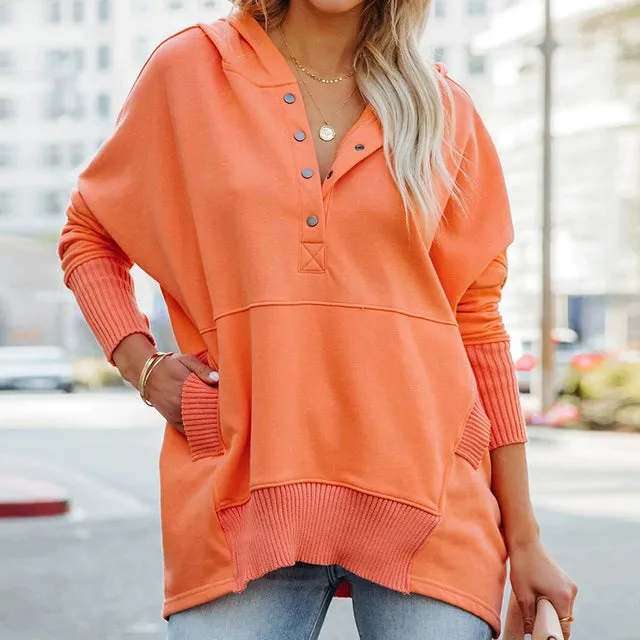Solid V-Neck Hooded Doll Sleeve Hoodie V-neck Batwing Sleeve Sweatshirt
