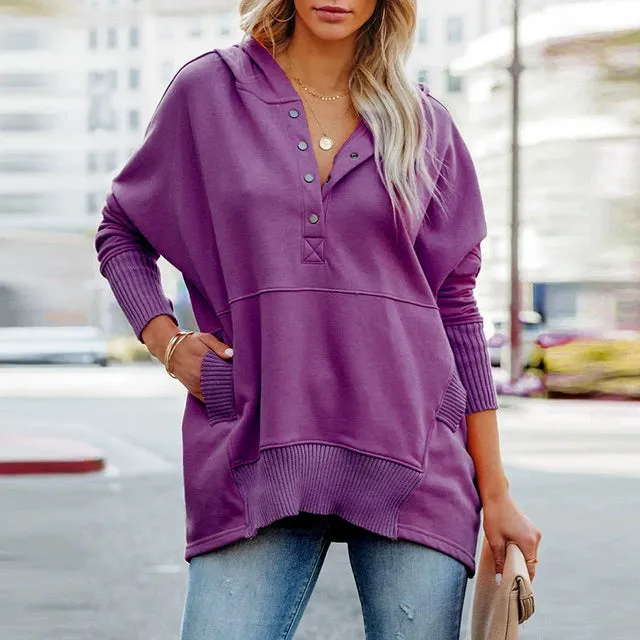Solid V-Neck Hooded Doll Sleeve Hoodie V-neck Batwing Sleeve Sweatshirt
