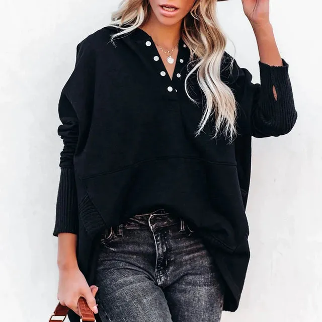 Solid V-Neck Hooded Doll Sleeve Hoodie V-neck Batwing Sleeve Sweatshirt