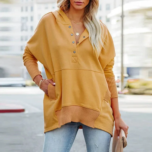 Solid V-Neck Hooded Doll Sleeve Hoodie V-neck Batwing Sleeve Sweatshirt
