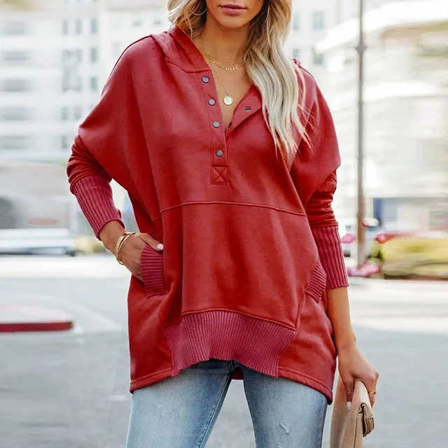 Solid V-Neck Hooded Doll Sleeve Hoodie V-neck Batwing Sleeve Sweatshirt
