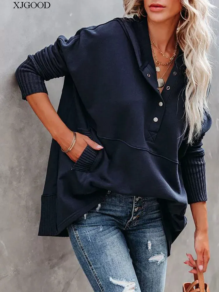 Solid V-Neck Hooded Doll Sleeve Hoodie V-neck Batwing Sleeve Sweatshirt