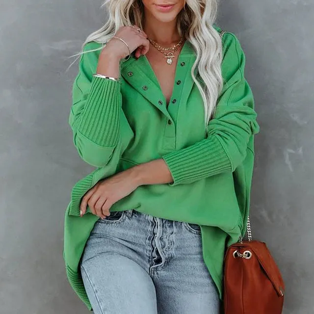 Solid V-Neck Hooded Doll Sleeve Hoodie V-neck Batwing Sleeve Sweatshirt