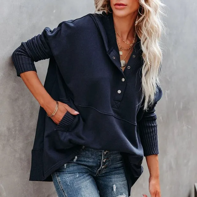 Solid V-Neck Hooded Doll Sleeve Hoodie V-neck Batwing Sleeve Sweatshirt