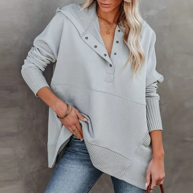 Solid V-Neck Hooded Doll Sleeve Hoodie V-neck Batwing Sleeve Sweatshirt