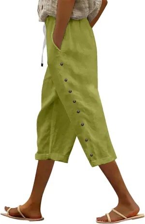 Striped Linen Capri Pants for Women 2025 Spring Summer Lightweight High Waist Drawstring Pants Comfy Cropped Trousers