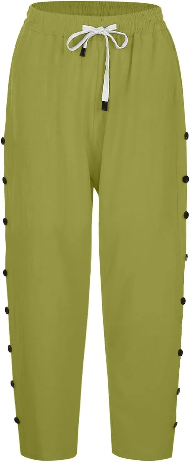 Striped Linen Capri Pants for Women 2025 Spring Summer Lightweight High Waist Drawstring Pants Comfy Cropped Trousers