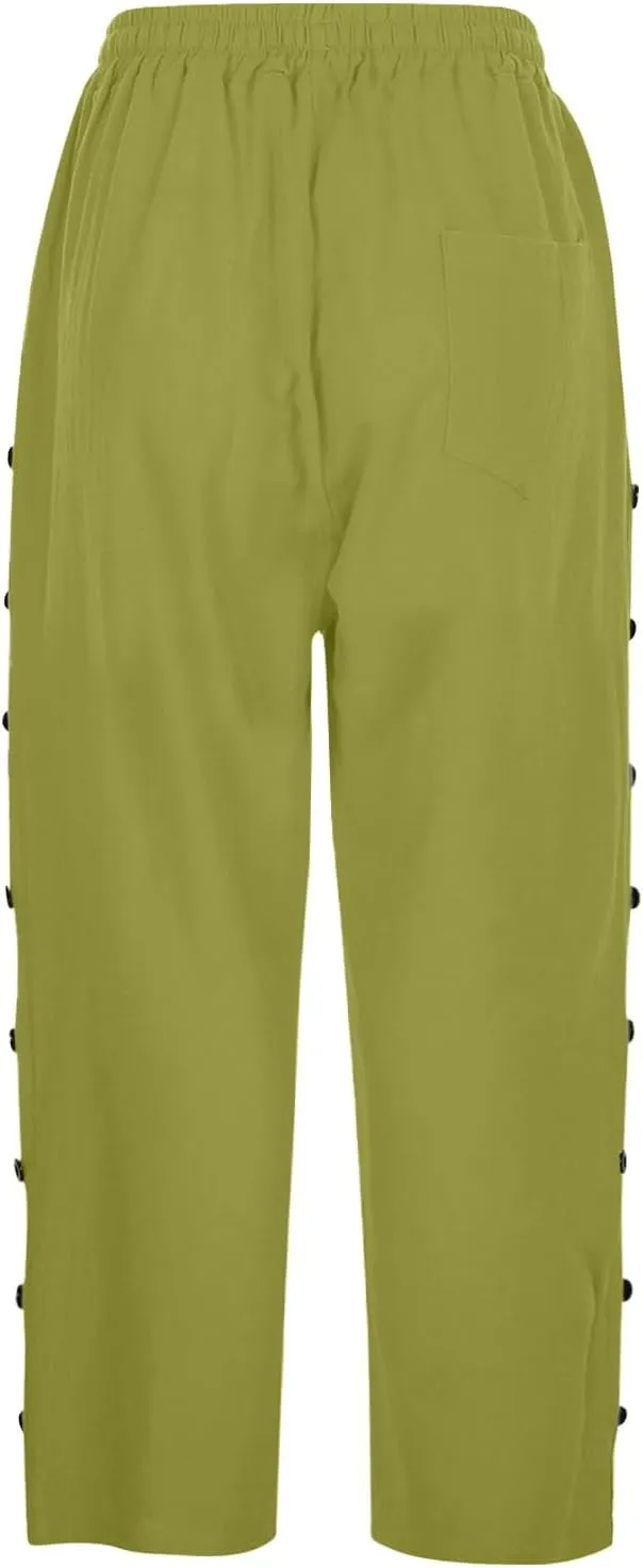 Striped Linen Capri Pants for Women 2025 Spring Summer Lightweight High Waist Drawstring Pants Comfy Cropped Trousers