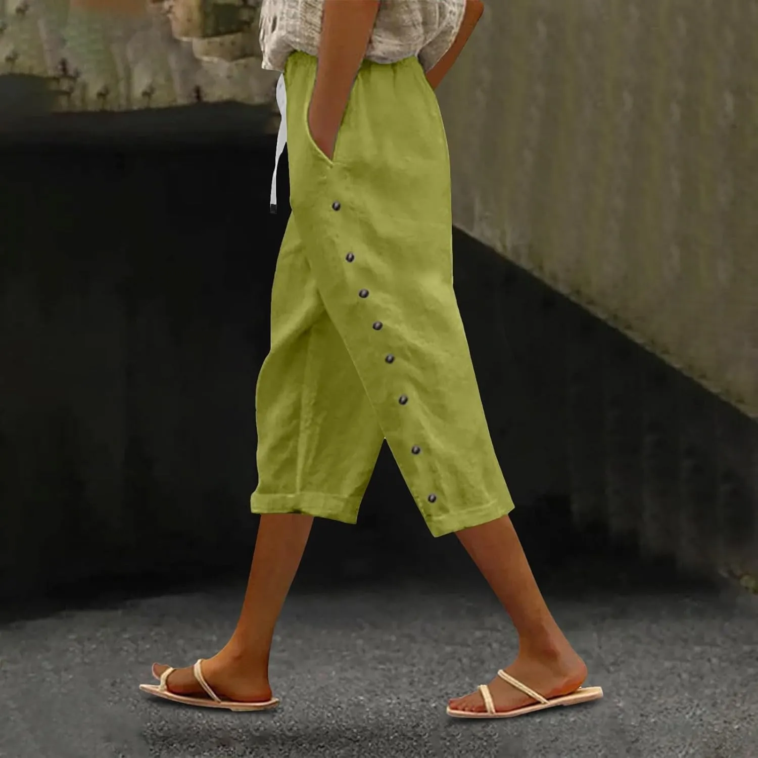 Striped Linen Capri Pants for Women 2025 Spring Summer Lightweight High Waist Drawstring Pants Comfy Cropped Trousers