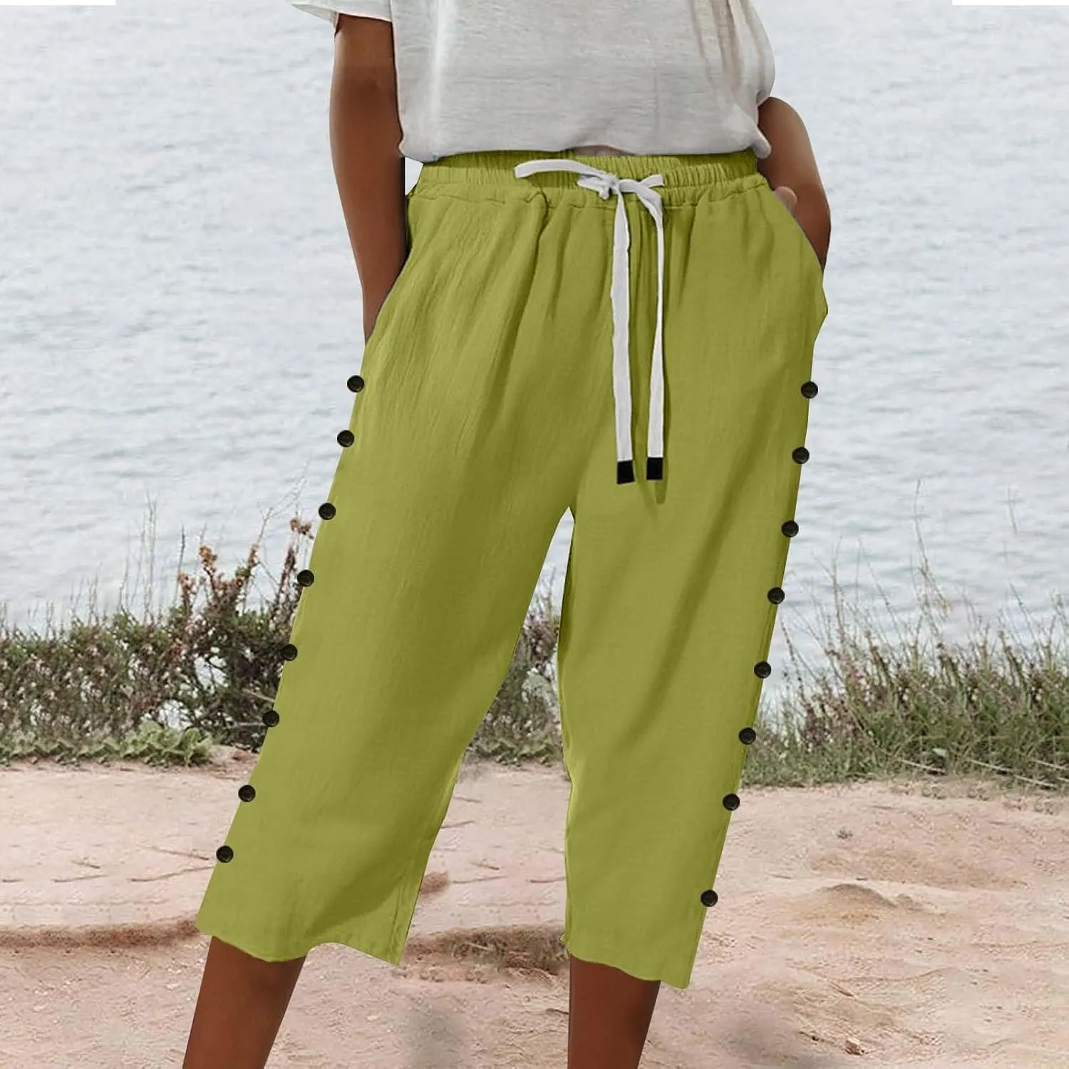 Striped Linen Capri Pants for Women 2025 Spring Summer Lightweight High Waist Drawstring Pants Comfy Cropped Trousers