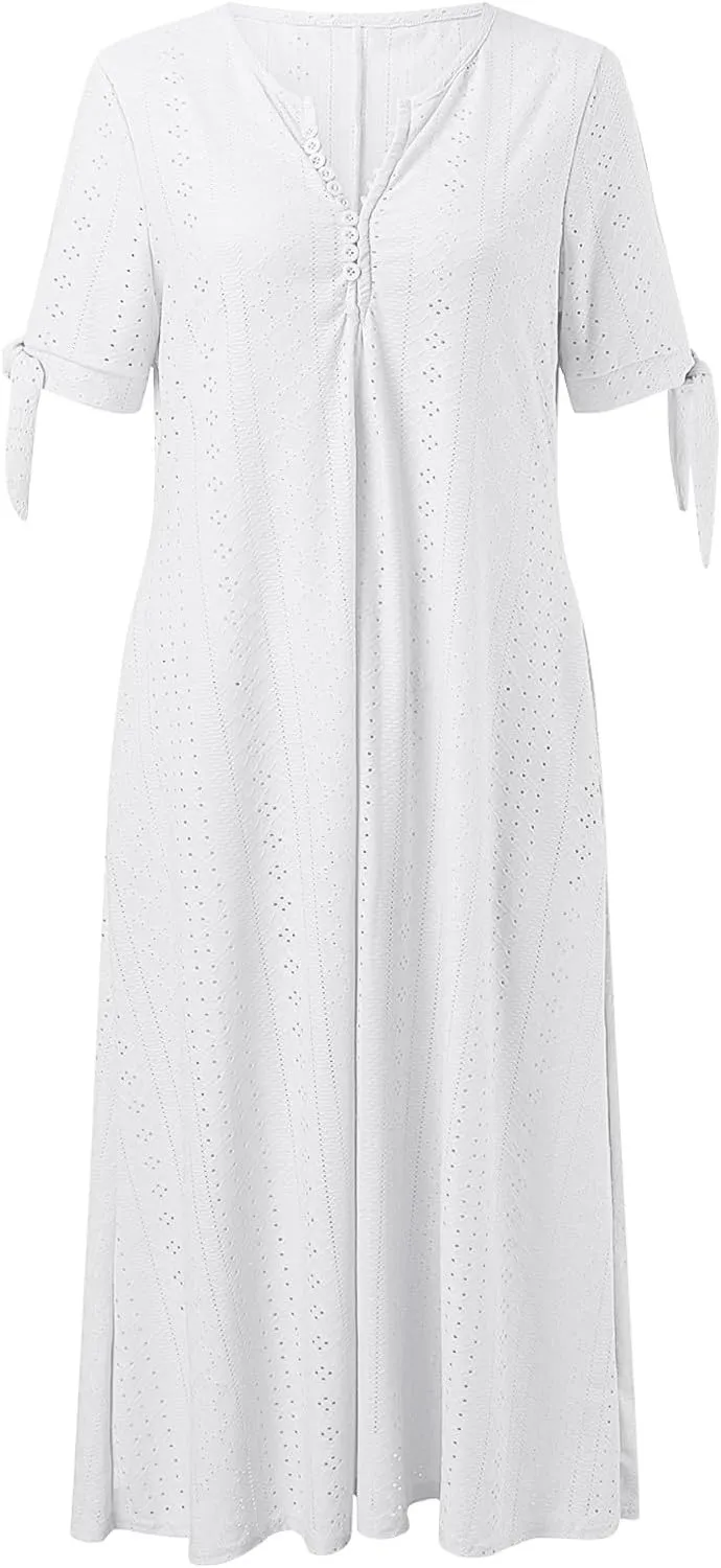 Summer Maxi Dresses for Women 2025 Vacation Casual V Neck Eyelet Dress with Sleeves Pockets Wedding Guest Church Outfits