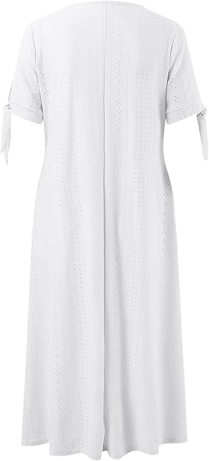 Summer Maxi Dresses for Women 2025 Vacation Casual V Neck Eyelet Dress with Sleeves Pockets Wedding Guest Church Outfits
