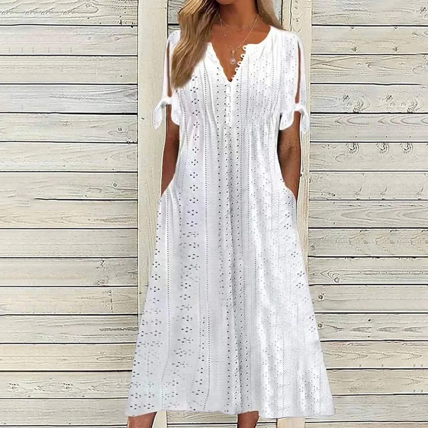 Summer Maxi Dresses for Women 2025 Vacation Casual V Neck Eyelet Dress with Sleeves Pockets Wedding Guest Church Outfits